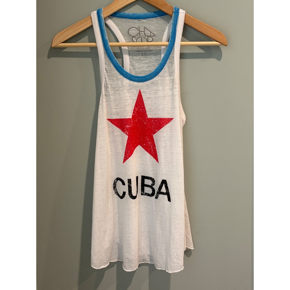 Chaser Brand Cuba Red Star Burnout Racerback Tank Top White Blue XS CW6522